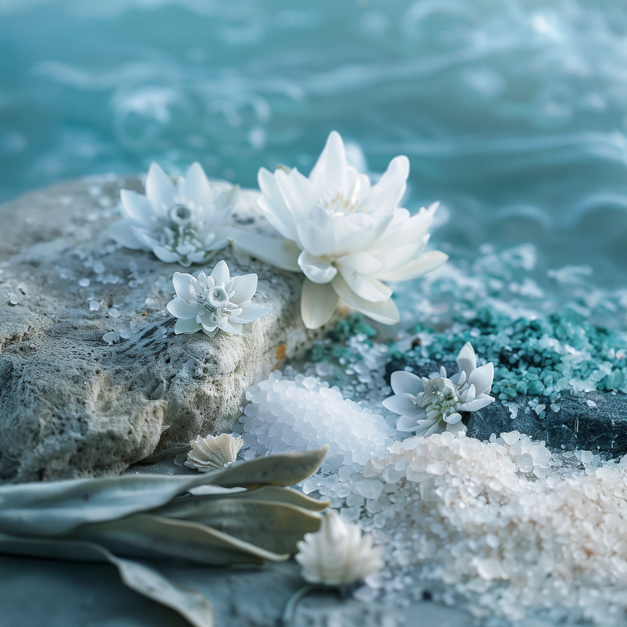 A close up of crystalised salt on a rock with a white flower and seawater in the background.