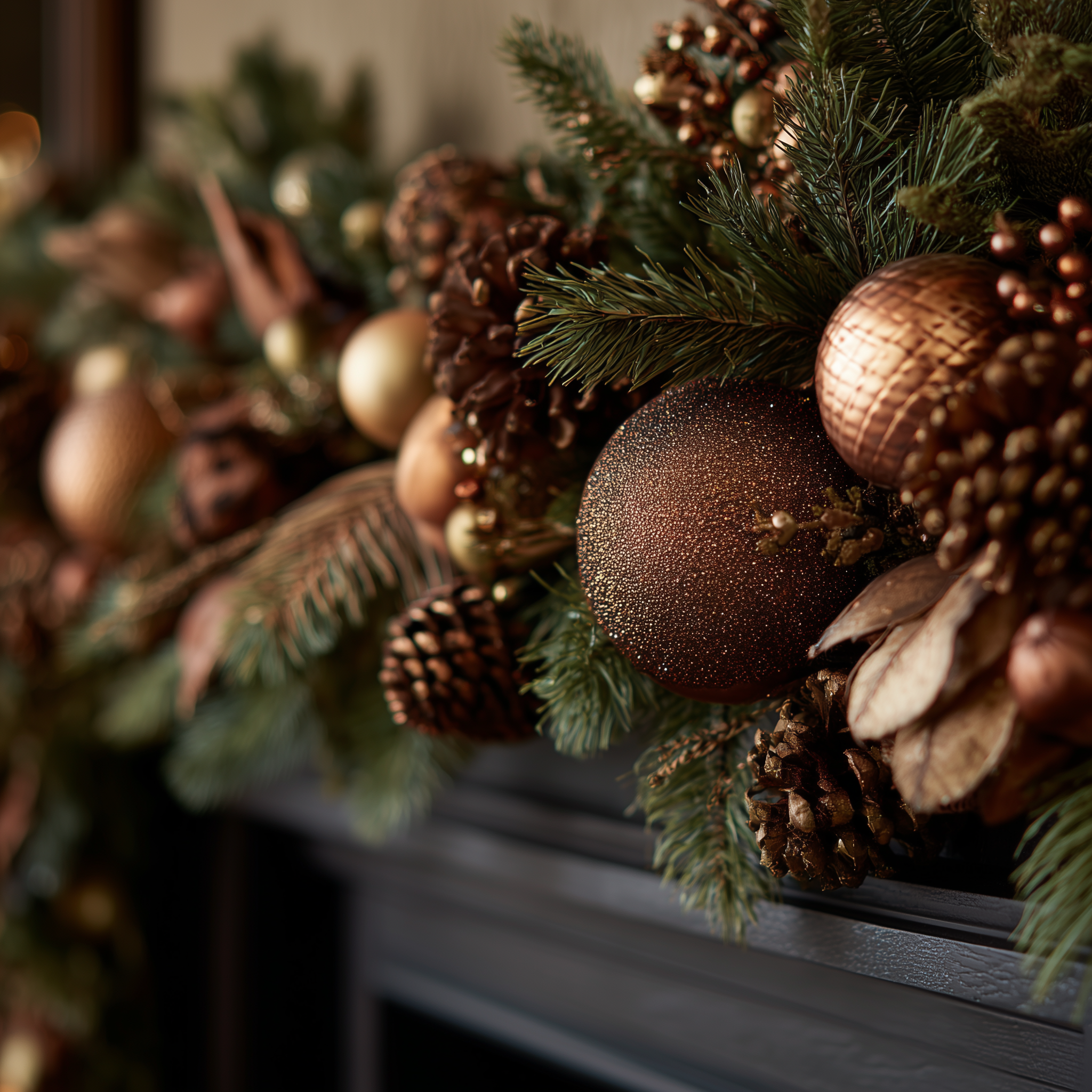 Decorative Christmas garland with gold and bronze ornaments on a mantel.