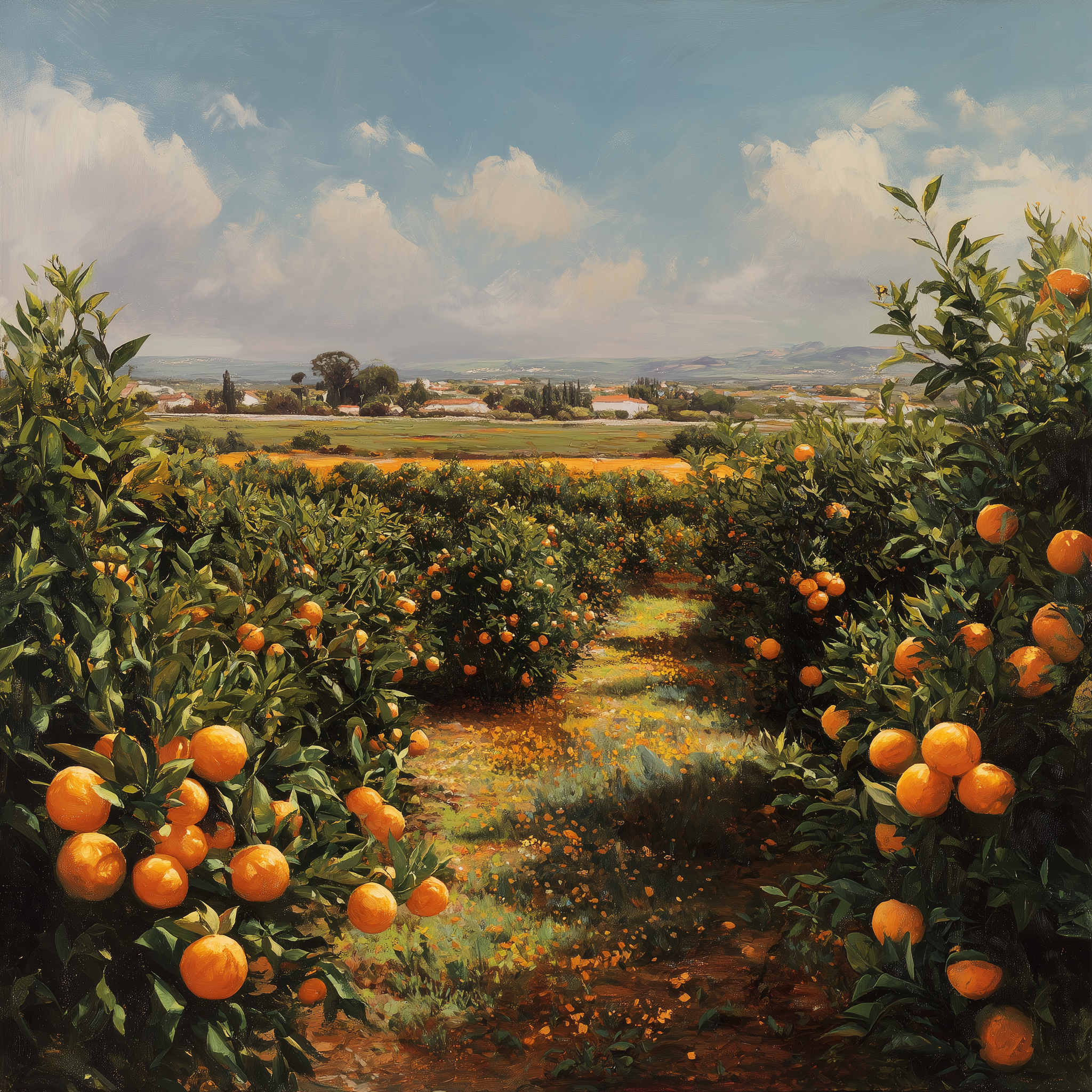 Spanish orchard with rows of orange trees under a blue sky with clouds.