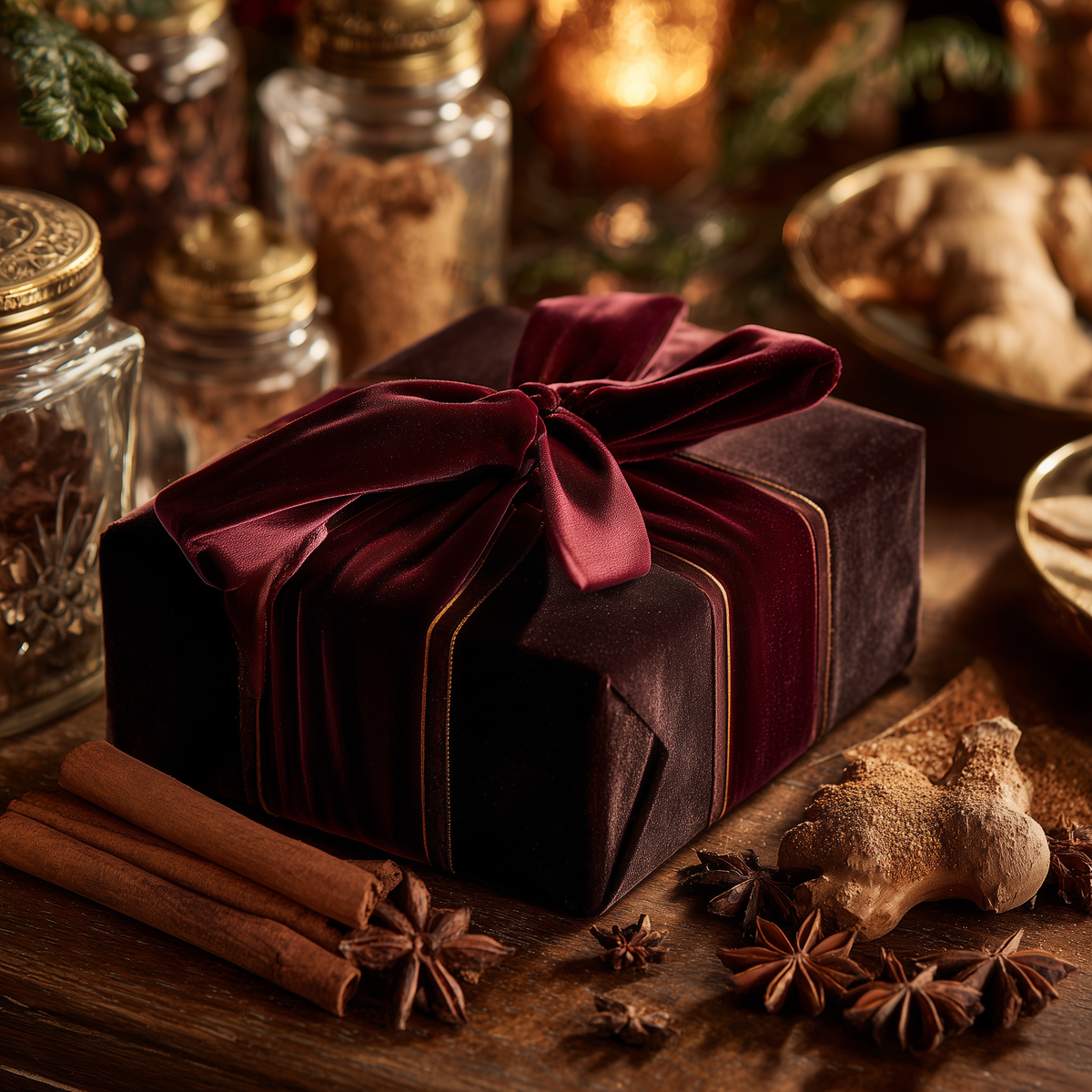 Gift wrapped in velvet with a red ribbon on a wooden table with spices and star anise.