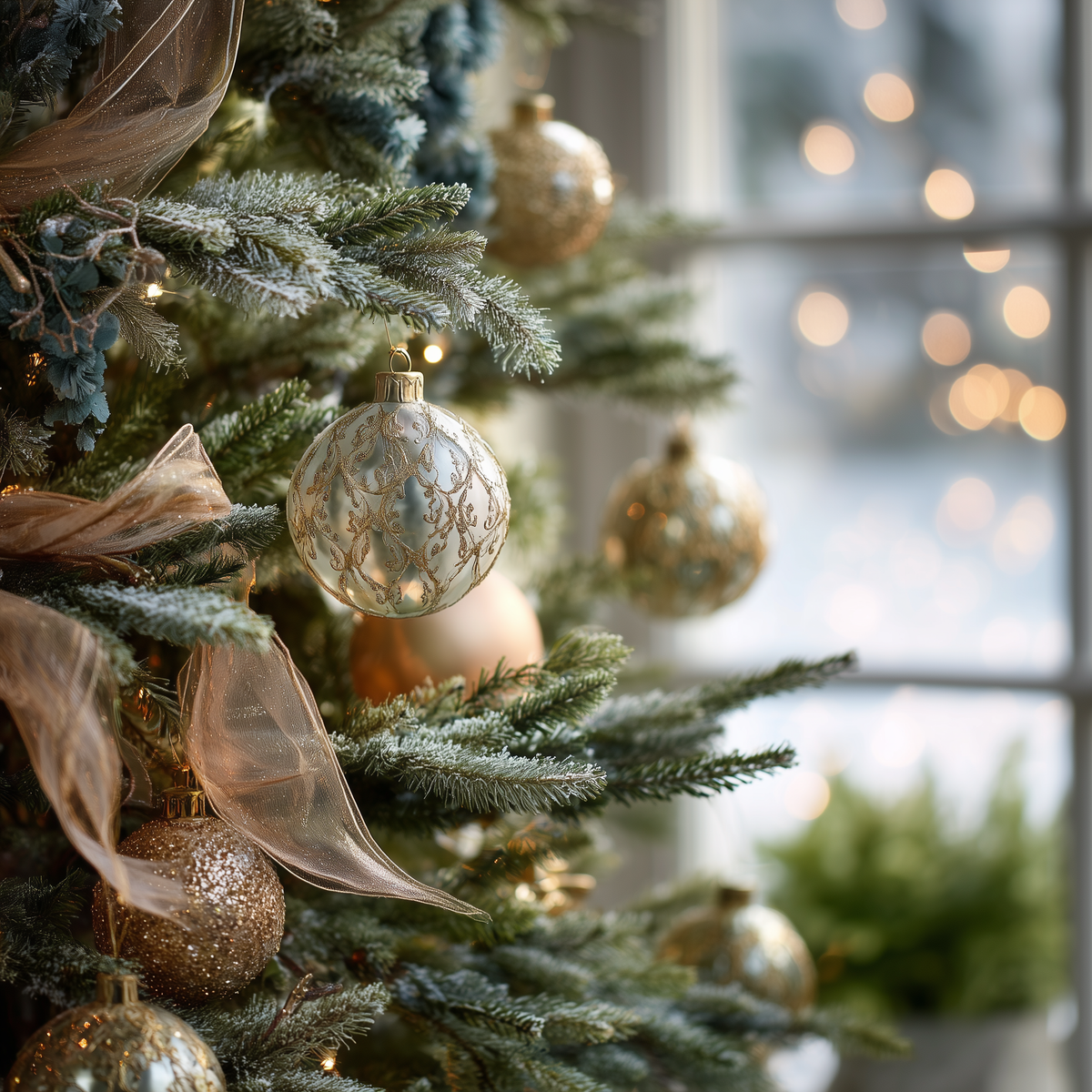 Decorated Christmas tree with gold ornaments and ribbons, blurred lights in the background