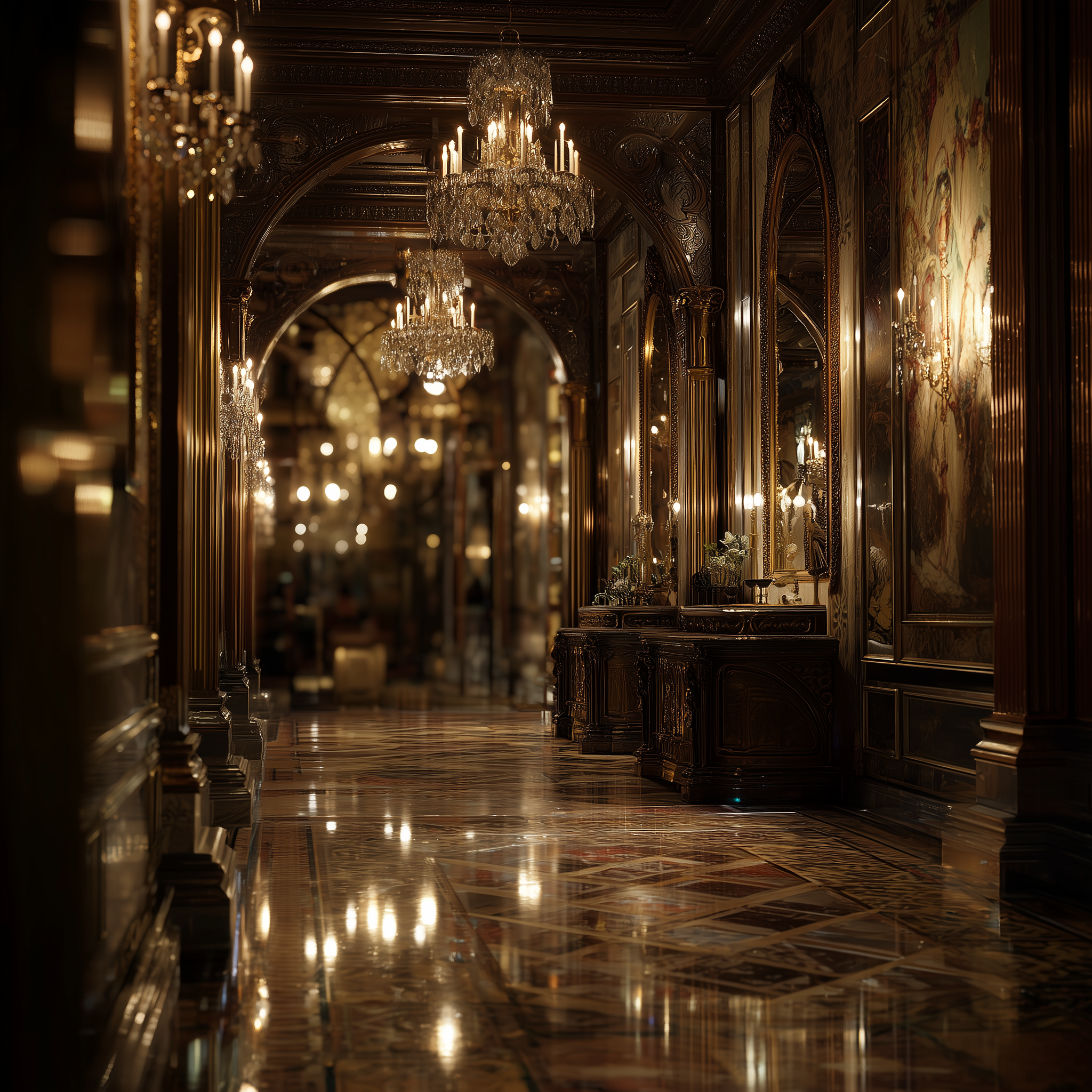 Luxurious hallway with ornate decorations, chandeliers, and reflective floor.