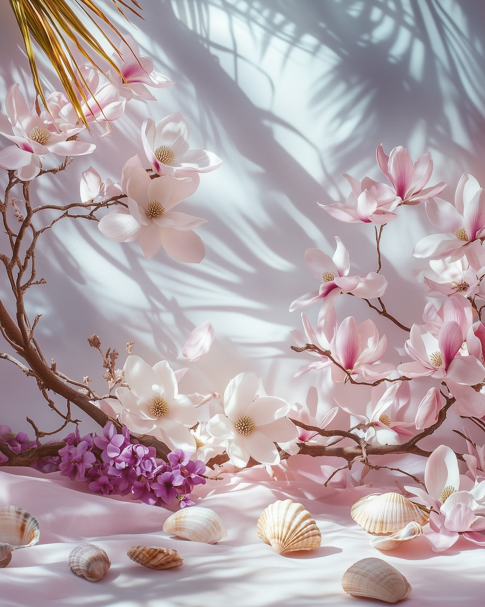 Ingredients of the Reverie home fragrance products showing fragi pani, seashells all in a soft pastel pink theme.